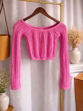 Zella Hot Pink Off-Shoulder Cropped Knit Sweater